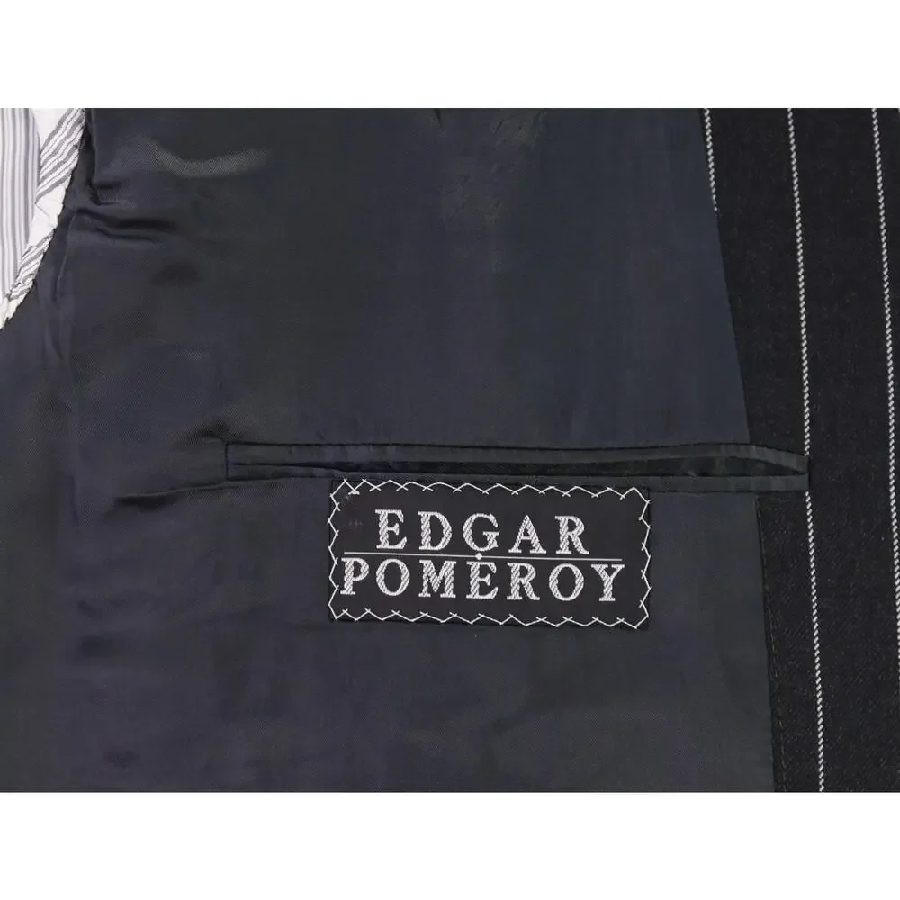 Edgar Pomeroy Custom Tailored Black Bold Pinstripe 2-Btn Wool Suit 46R